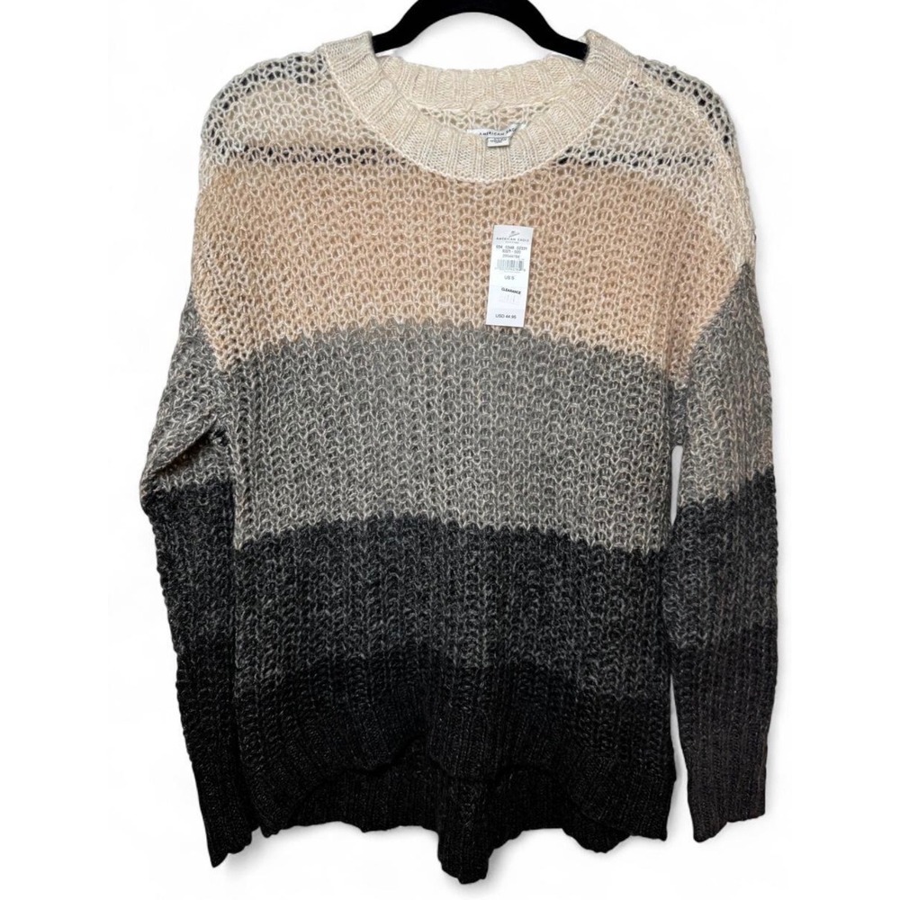 American Eagle Womens Colorblock Striped Crochet Knit Wool Blend Sweater - Picture 1 of 6